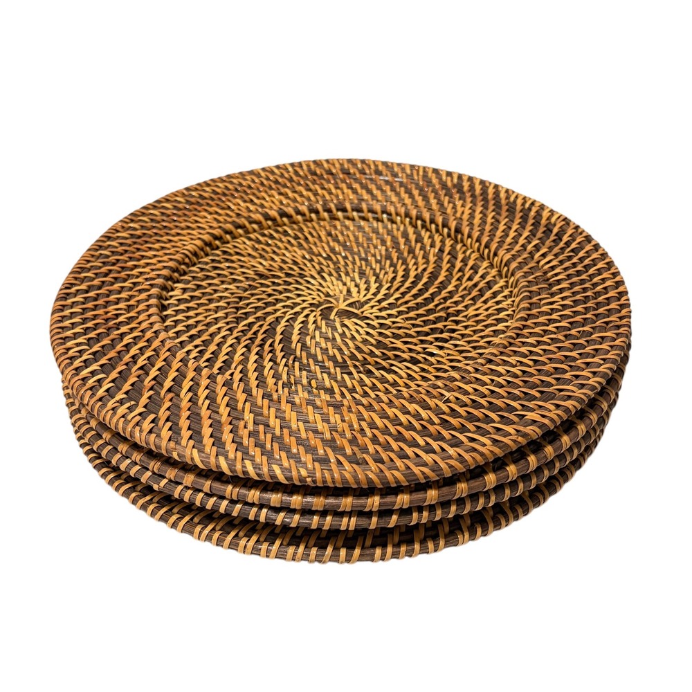 Set of 4 Round Woven Rattan Charger Plates 13" Brown Boho Table Mats MCM - Picture 3 of 15